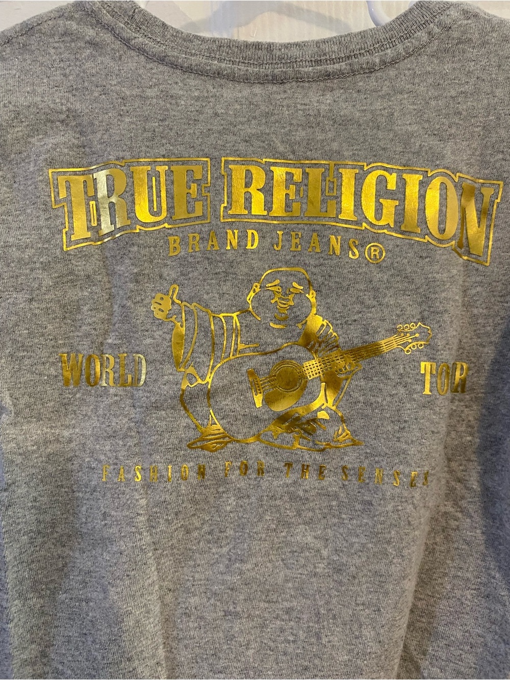 True Religion Gray Long Sleeve Tee with Yellow Horseshoe Logo